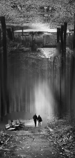 Black and white wallpaper of a serene park walkway with an ethereal skyline.