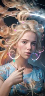 Ethereal blonde character with halo in fantasy art wallpaper.