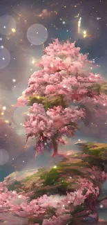 Ethereal fantasy wallpaper with pink blossoms and starry night sky.