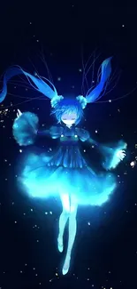 Anime character in blue glow with dark background.