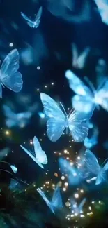 Blue butterflies glowing in the dark night