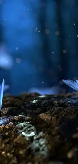 Ethereal blue butterflies on forest rocks, creating a magical and serene scene.