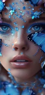 A surreal portrait with blue butterflies enhancing the face.