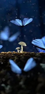 Ethereal blue butterflies hover above glowing mushrooms in a dark, serene night setting.