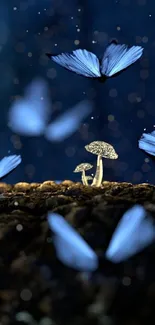 Blue butterflies with mushrooms in dreamy night scene.