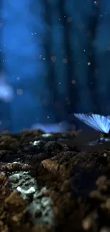 Ethereal blue butterflies fluttering in a mystical nighttime forest scene.