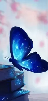 Ethereal blue butterfly on books with a dreamy background.