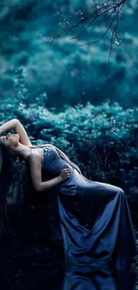 Serene woman in flowy blue dress amidst a mystical background.