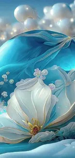 Ethereal blue wallpaper with fantasy flowers and calming ambience.