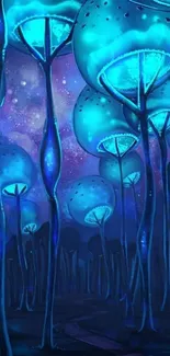 A mystical blue forest with glowing lamps under a starry night sky.