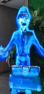 Holographic blue ghostly figure in greenery.
