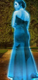 Ethereal blue hologram of a woman in a forest setting, glowing in the night.