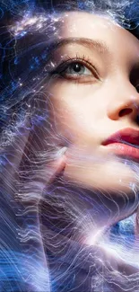 Ethereal portrait with swirling blue light and vibrant energy.