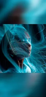 Ethereal portrait with blue light swirls on mobile wallpaper.