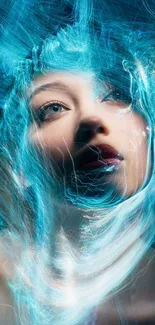 Ethereal portrait bathed in swirling blue light, creating a surreal effect.