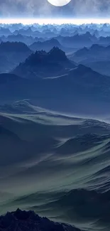 Ethereal blue mountain landscape under moonlight.