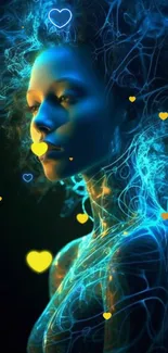 Ethereal blue neon portrait with glowing patterns and yellow hearts