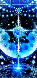 Ethereal blue wallpaper with stars, moon, and roses.