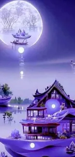 Mystical moonlit scene with boats on a calm, reflective purple lake.