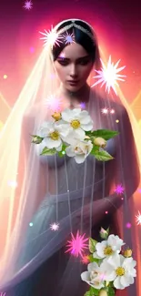 Ethereal bride with flowers and veil in a mystical aura.