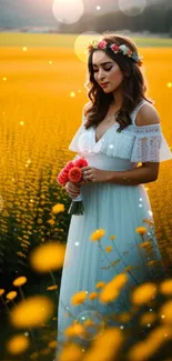 Bride with floral crown in a yellow field during sunset.