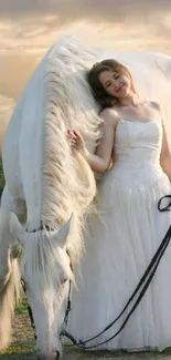 Bride in white with a white horse, under a serene sky.