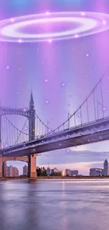 Futuristic bridge under purple neon sky with ethereal glow.