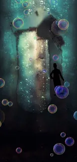 Silhouette immersed in teal bubbles with a mystical vibe.