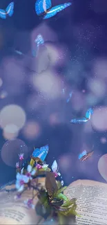 Blue butterflies flutter over an open book with magical bokeh lights.