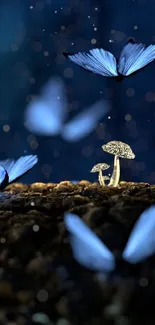 Blue butterflies flutter around glowing mushrooms in a dark forest wallpaper.