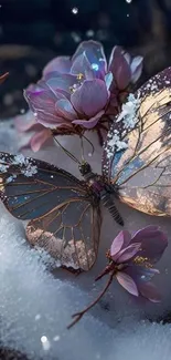 Ethereal butterfly rests on pink flowers amidst snow.