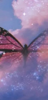 Mystical butterfly soaring through soft, pink clouds with a dreamy aura.