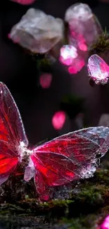 Ethereal butterfly with glowing pink crystals on a mystical dark background.