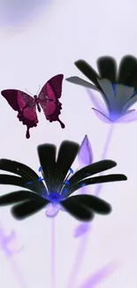 Ethereal butterfly over dark floral silhouettes on a soft lavender background.