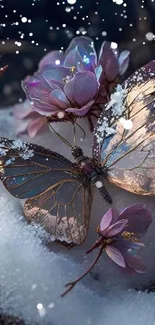 Ethereal butterfly on snowy flowers with dark, dreamy background.