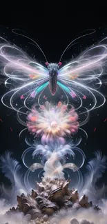 Ethereal butterfly floating above mystical clouds in a digital artwork.