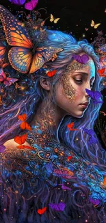 Woman with vibrant butterflies and intricate designs in a fantasy setting.