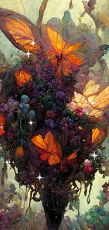 Ethereal composition of butterflies and flowers with orange and purple hues.