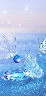 Ethereal wallpaper with blue butterflies over water.