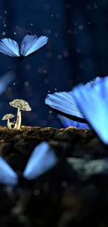 Fantasy wallpaper with blue butterflies and mushrooms.