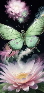 Ethereal fantasy wallpaper with green butterfly and flowers.