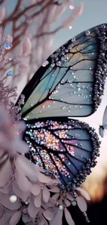 Ethereal butterfly with glittering wings amidst pastel branches.