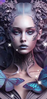 Fantasy figure with butterflies in a surreal, lavender-toned setting.