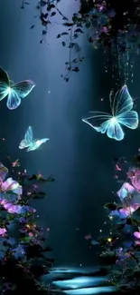 Ethereal butterflies in a mystical garden scene.