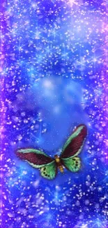 Butterfly surrounded by blue and purple starry galaxy background.