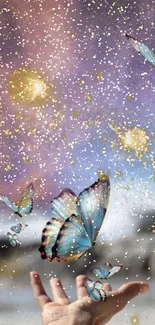 A hand reaching towards butterflies in a cosmic galaxy scene.