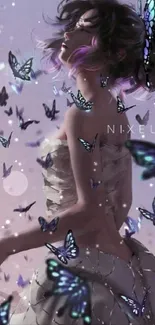 Ethereal girl surrounded by butterflies in dreamy purple tones, creating a fantasy art scene.