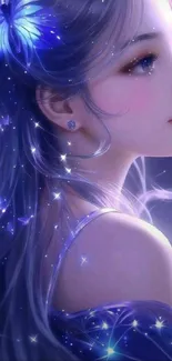 Ethereal girl with butterfly glowing in blue night scene.