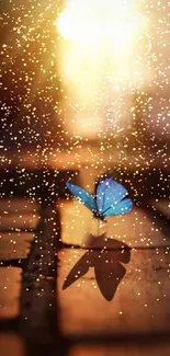 Ethereal mobile wallpaper with a glowing blue butterfly and a golden background.