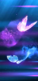 Ethereal blue and purple butterfly with glowing light effects